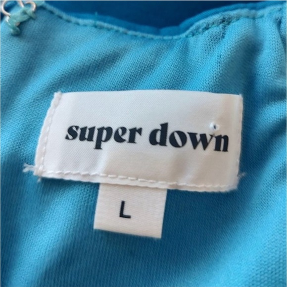 Super Down Dress sz L Blue Selena Bodycon Mini Open Back High Neck Revolve - Picture 10 of 12